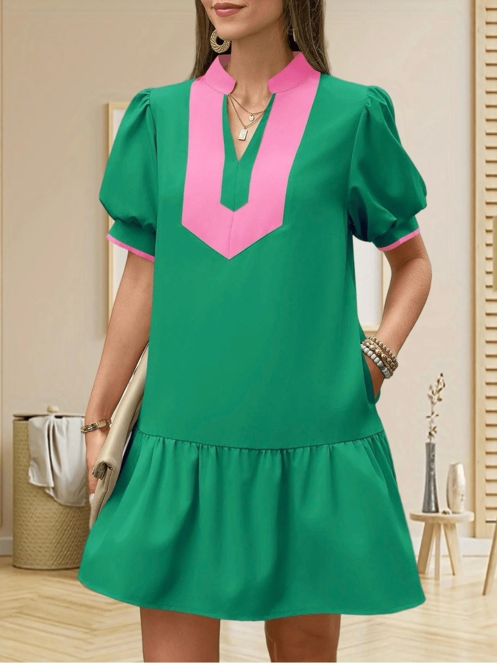 Green and Pink V-Neck Puff Sleeve Dress